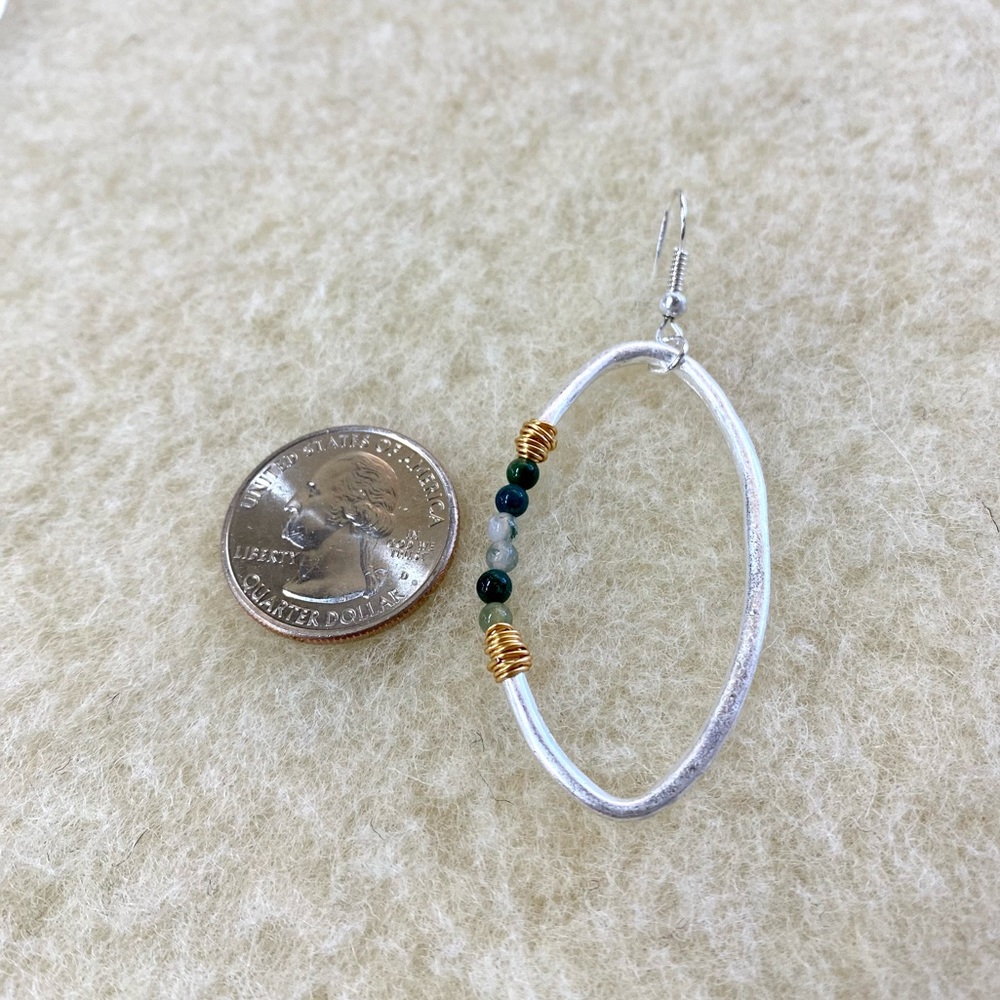 Wire Silver Gold Green Stone Jade Style Art Dangle Earrings Fashion Hoops - Picture 3 of 3